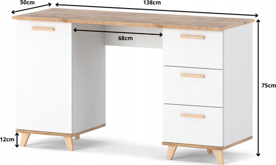 Wit bureau met eiken blad en houten pootjes. Afmetingen: 138x50x75cm.