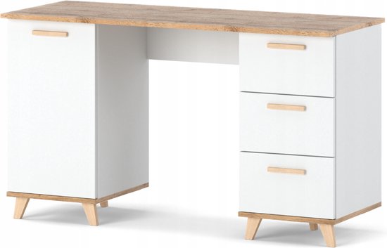 Wit bureau met eiken blad, 1 kast en 3 lades. Houten pootjes.