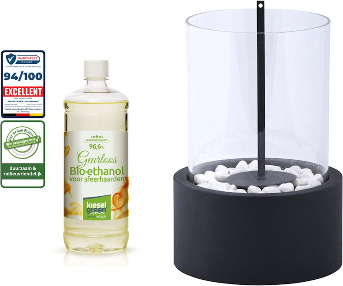 Bol.com Fancy Flames Bioethanol sfeerhaard zwart rond glas 27x16cm met decoratiestenen + 1 liter KieselGreen Bioethanol premium ... aanbieding