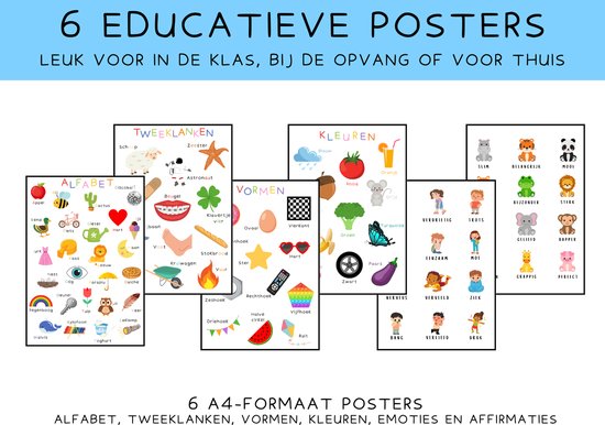 Foto: Set 6 educatieve kinderposters a4 formaat speciaal voor peuters en kleuters spelenderwijs leren emotie poster affirmatie poster alfabet poster vormen poster kleuren poster tweeklanken poster exclusief lijst stevig papier