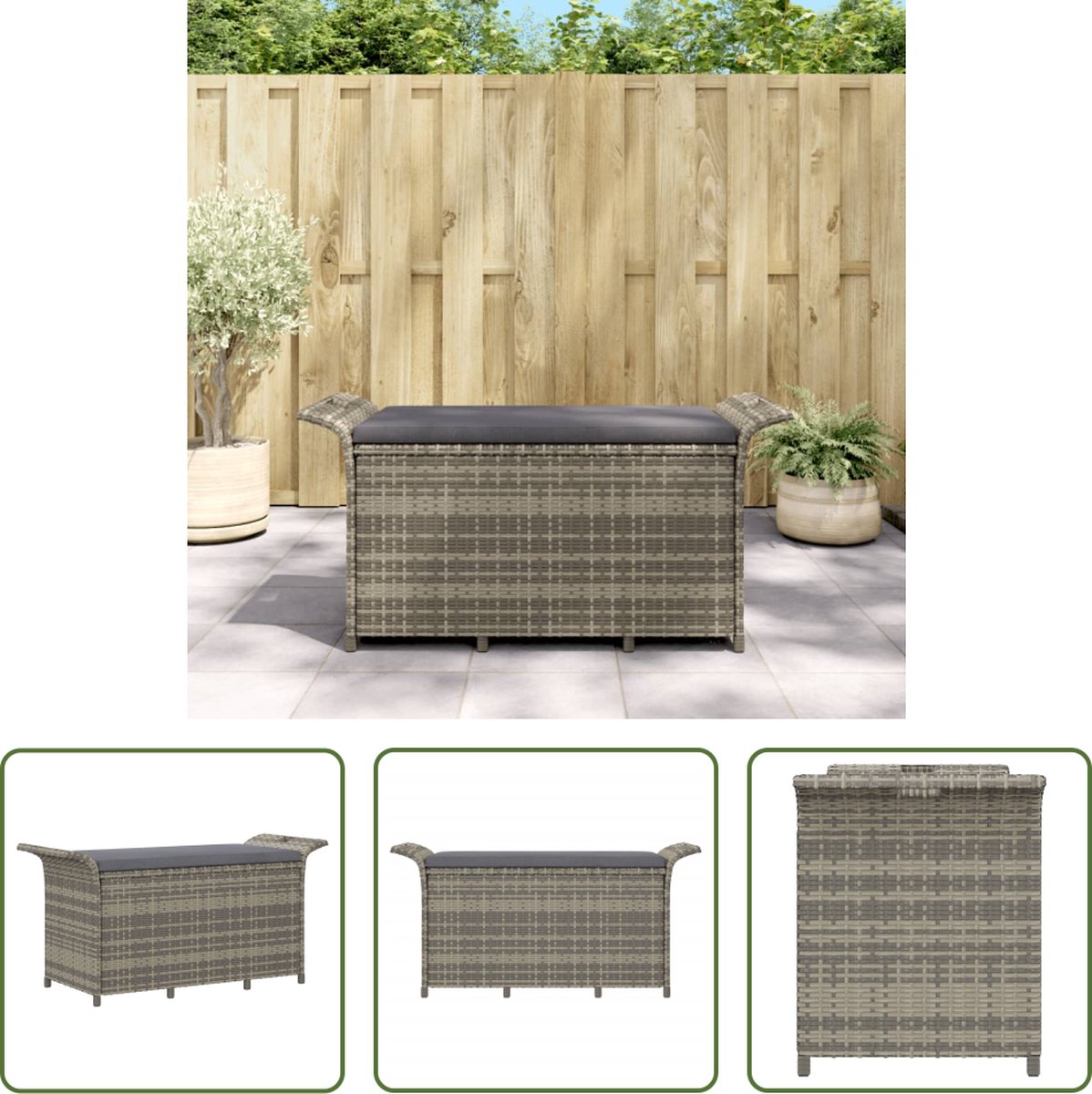 The Living Store Tuinbank Trendy met kussen - Grijs - 116 x 46 x 57 cm - PE-rattan - Stabiel - Comfortabel