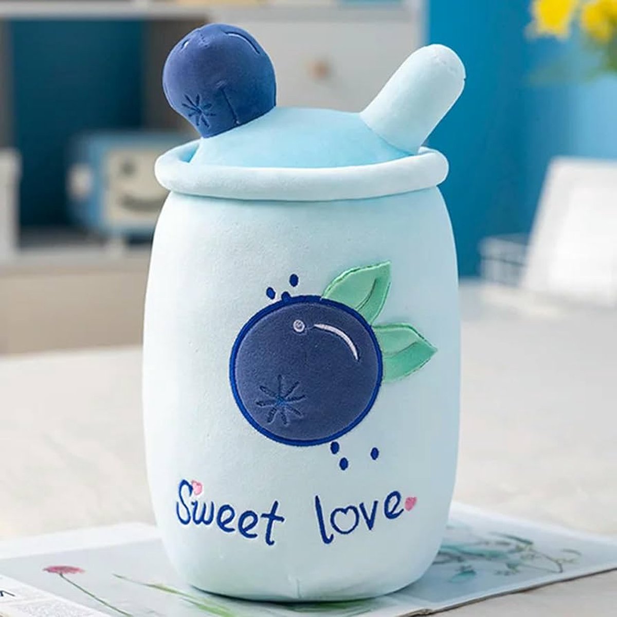 Happy Trendz® Kawaii Knuffel Sweet Love - Kussen/Decoratief Kussen 50cm Real Life Bubble Tea Knuffel - 50cm - Blauw/Blue - Bubble Tea Knuffel XXL - 50cm - Boba Tea Knuffel