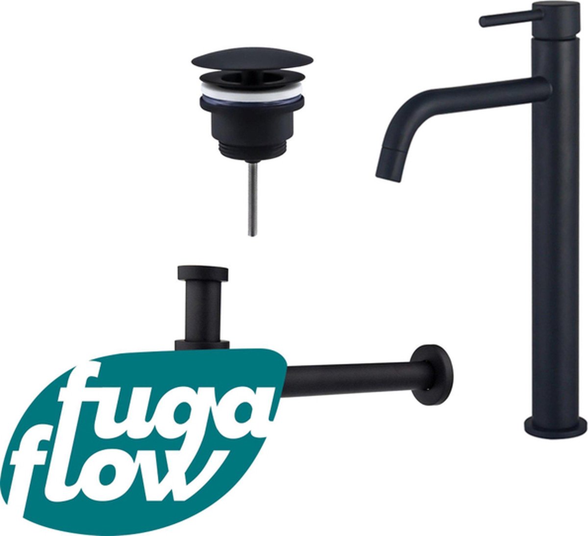 FugaFlow Eccelente Sobrado Badkamer Slim Wastafelkraanset verhoogde wastafelkraan always open plug verlaagde design sifon Mat zwart