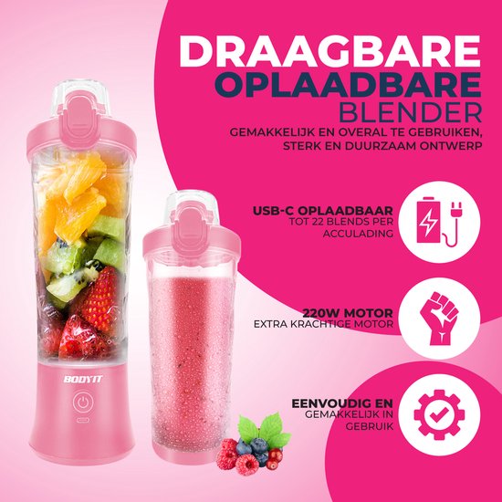 BODYIT® - Draagbare Blender met Extra Accessoires - 700ml - 6 Mesjes - Portable Blender To Go - USB-C - Oplaadbare Blenders met Accu - Draadloze Smoothie & Shake Maker - Roze van BODYIT® — afbeelding 5