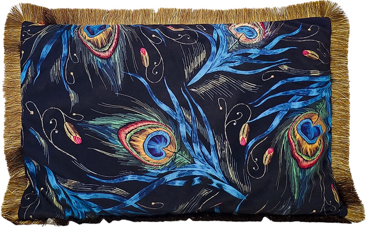 Mars & More kussen fluweel pauw staart gouden franjes 40x60cm Multi