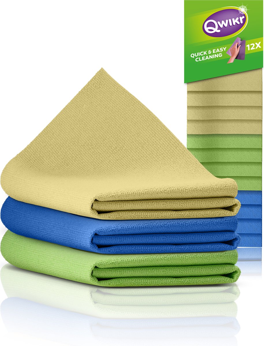 Goedkoopste QWIKR Microvezeldoekjes 21x21cm keuken 12 stuks Geel, Groen, Blauw – Schoonmaakdoekjes - Reinigingsdoekjes - Voordeelverpakking (set van 3) – ideaal voor de grote klussen - Microvezeldoeken - Gemaakt in Nederland