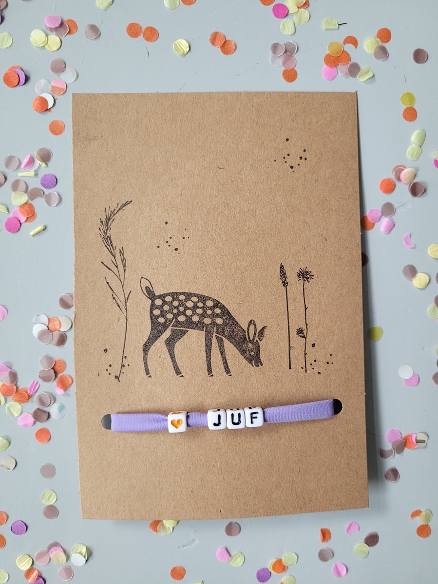 Goedkoopste juf - leerkracht - basisschool - onderwijs - armband - bedankje - bedankt juf - ibiza style - letterarmband - paars - hertje