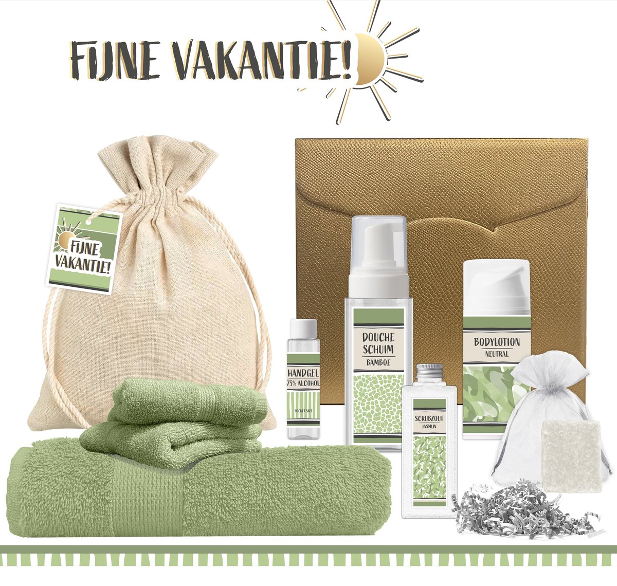 Goedkoopste Geschenkset “Fijne vakantie!” - 9 producten - 800 gram | Wellness Vakantiepakket - Groot Strandlaken - Luxe Giftset Strand Badlaken - Cadeau voor haar - Zomer Cadeaupakket - Vakantie Pakket - Medewerkers Zorgwerkers Vrijwilligers - Gift Goud Groen