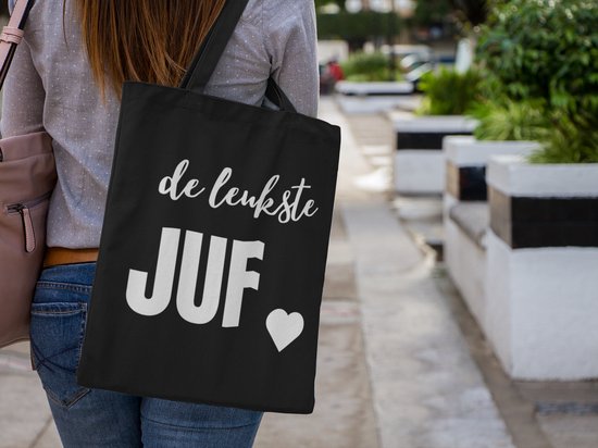 Katoenen tas voor juf de luekste JUF Zwarte tas met witte letters bol