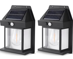 Buitenlamp op Zonne Energie - 2 Stuks - Met Ingebouwde Bewegingssensor - 3 Verschillende Lichtstanden - Solar Tuinverlichting - Buitenverlichting - Zwart