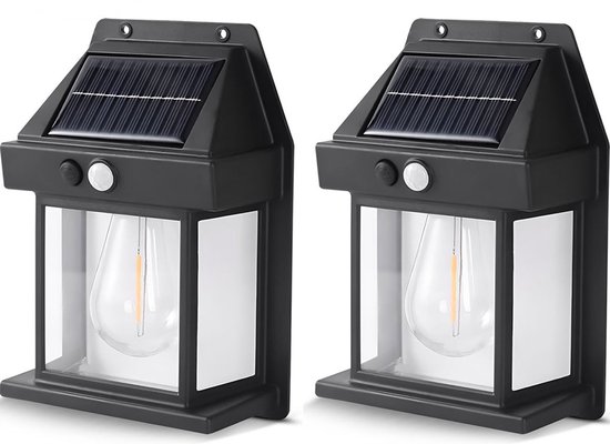 Twee zwarte buitenlampen op zonne-energie met een glazen kap en een zichtbare lichtbron.