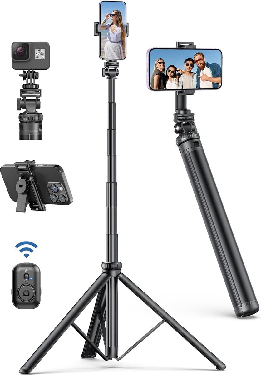 Mobiele telefoon statief 190cm - Selfie Stick voor Smartphone - Uitschuifbaar aluminium statief met afstandsbediening - Compatibel met iPhone, Galaxy en actiecamera's selfie stick voor mobiele telefoon