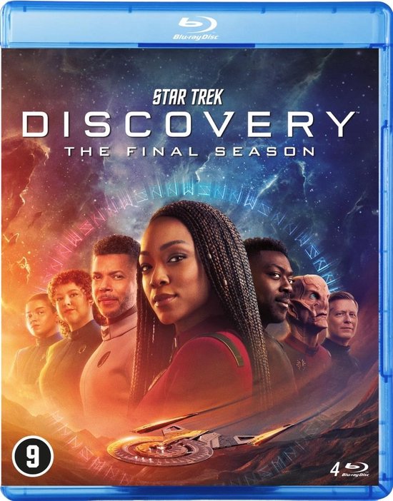 Star Trek Discovery: The Final Season Blu-ray hoes, met de hoofdrolspelers vooraan in het midden, met een sterrenlandschap op de achtergrond.