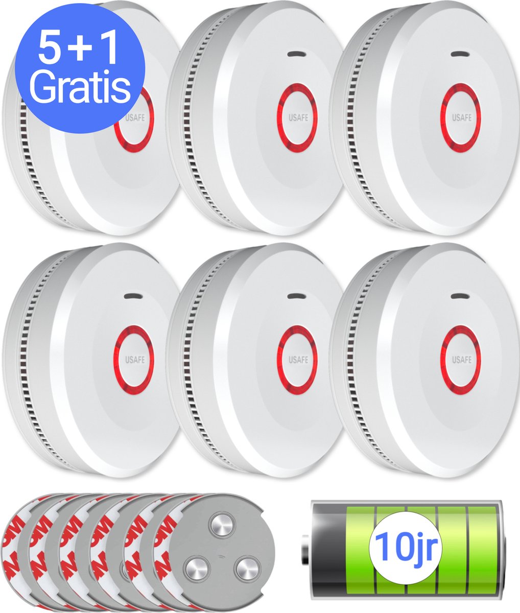 USAFE Rookmelder set van 6 Rookmelders met 10 jaar batterij Brandmelder 5 + 1 Gratis met Magneetmontage 85dB en LED Alarm