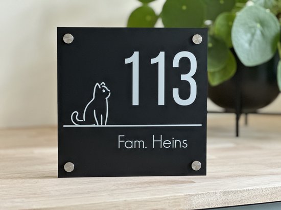 Plaque signalétique de porte d'entrée élégante avec chat noir MAT 20x20cm