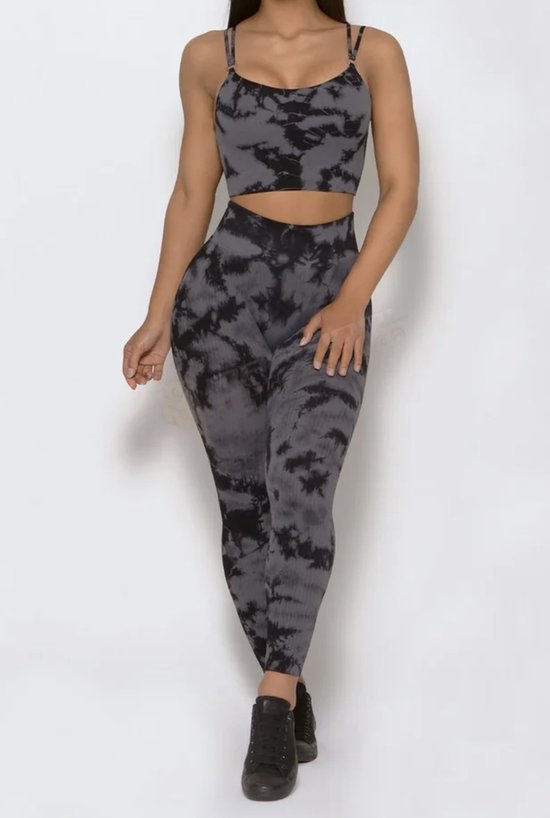 Foto: Grey tie dye gym set maat xxs grijs zwart grey black fitness set fitness legging sportkledingset sportset sportlegging sportkleding yogakleding yogaset yogalegging