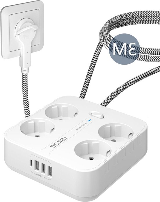 LENCENT USB-stekker 7 In 1 Stekkerdoosadapter, 3-vaks Dubbele Euro En 1 Schuko Meervoudige Stekker Met 3 Usb En Usb C Aansluiting Dubbele Stekker Voor Wandcontactdoos