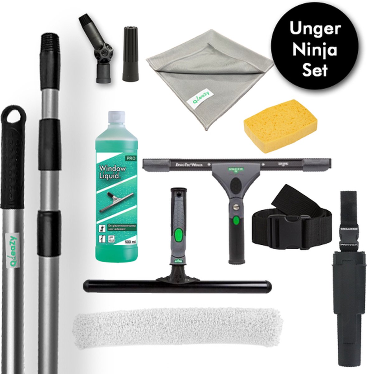 Goedkoopste All-IN-ONE Professionele Glasreinigingsset. Unger NINJA Raamtrekker, Inwasser - Telescoopsteel 4m, Bucket Riem, Glasdoek, Window Liquid. & Azella Spons