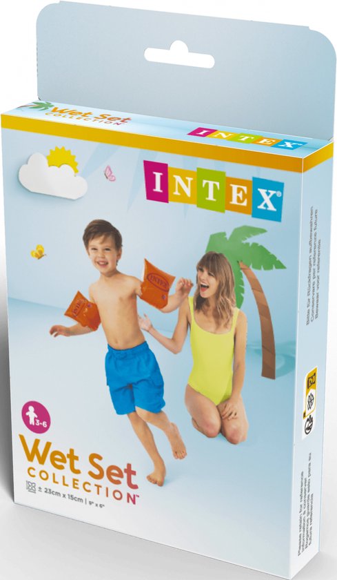 Verpakking Intex zwembandjes 'Wet Set Collection' met afbeelding van kinderen.