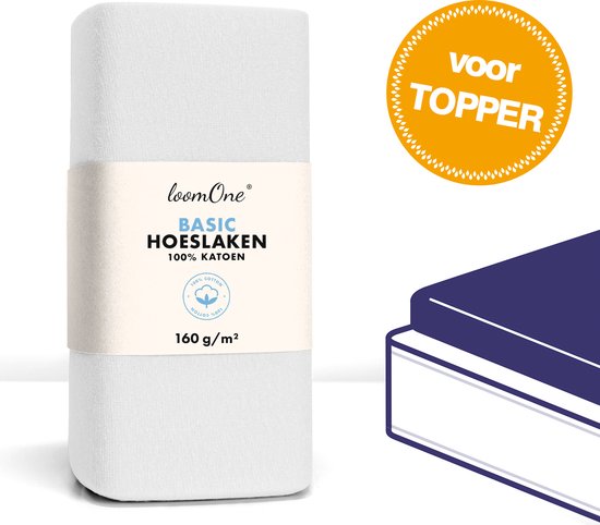 Een wit hoeslaken opgerold, met een band met 'loomOne BASIC HOESLAKEN 100% KATOEN 160 g/m²'. Rechts een gele cirkel met 'voor TOPPER'.