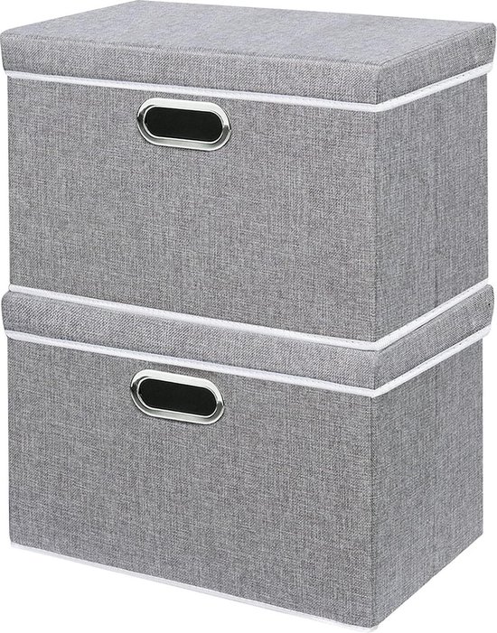 OUTBROS Grote opvouwbare opbergdoos met deksel, linnen stof kleding plank mand bakken doos voor handdoeken, boeken, kleding 45 x 30 x 30 cm (beige, 3- pack