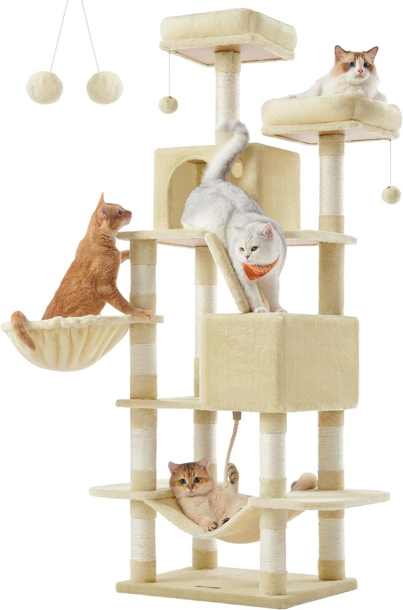 FurnStar - Krabpaal - 168 cm grote kattentoren met 13 krabpalen - 1 Krabplank - 2 Zitstokken - 2 Grotten - Mand - Hangmat - Pompons - Pluche kattenappartement met meerdere niveaus voor binnenkatten - Beige