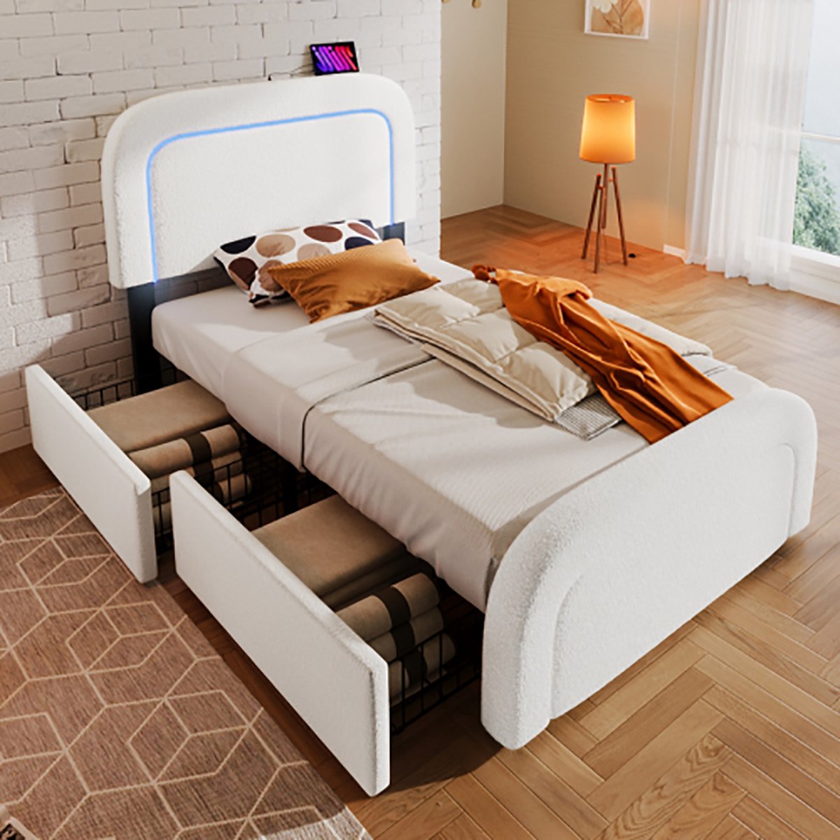 KOMHTOM Bed Volwassenenbed 90x200 cm met 2 laden met USB Type C LED verlichting in hoogte verstelbaar hoofdbord wit