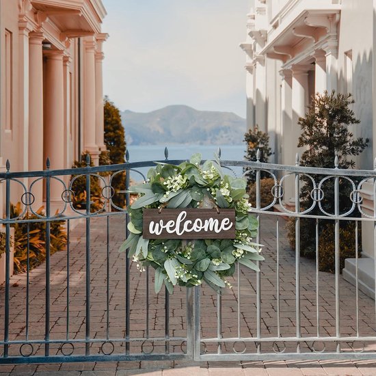 LOMOHOO Eucalyptus Leaves Wreath for Front Door 46cm Artificial Door Wreath with Welcome Sign, Spring Summer Green Wreath for Home Farmhouse Wedding Window Wall Decoration LOMOHOO Eucalyptus Leaves Wreath for Front Door 46cm Artificial Door Wreath with Welcome Sign, Spring Summer Green Wreath for Home Farmhouse Wedding Window Wall Decoration