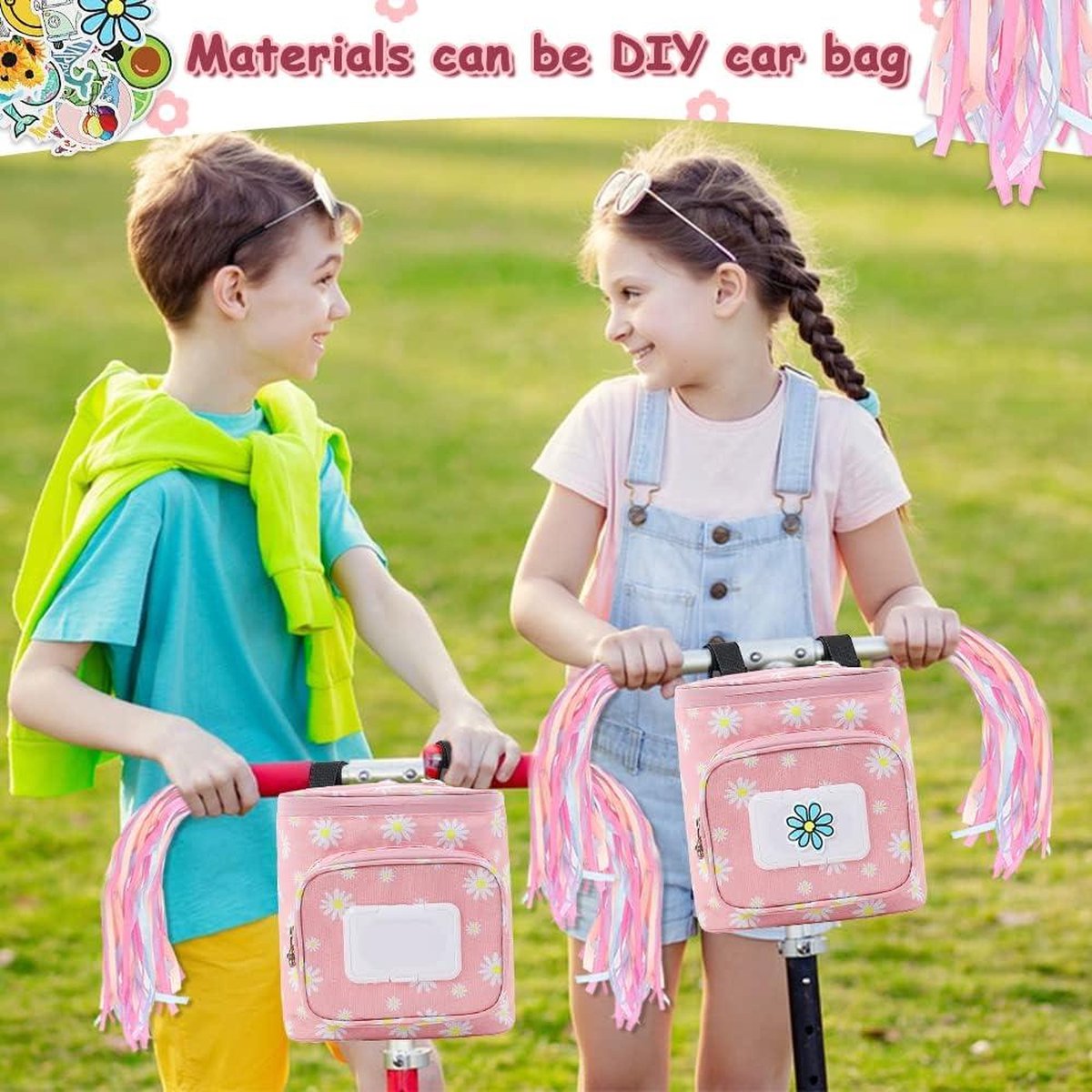 Kinderfietsmand met belstickers en waterafstotende stuurtas - Meisjesfiets accessoire met afneembare franjes - Geschikt voor de meeste kinderfietsen