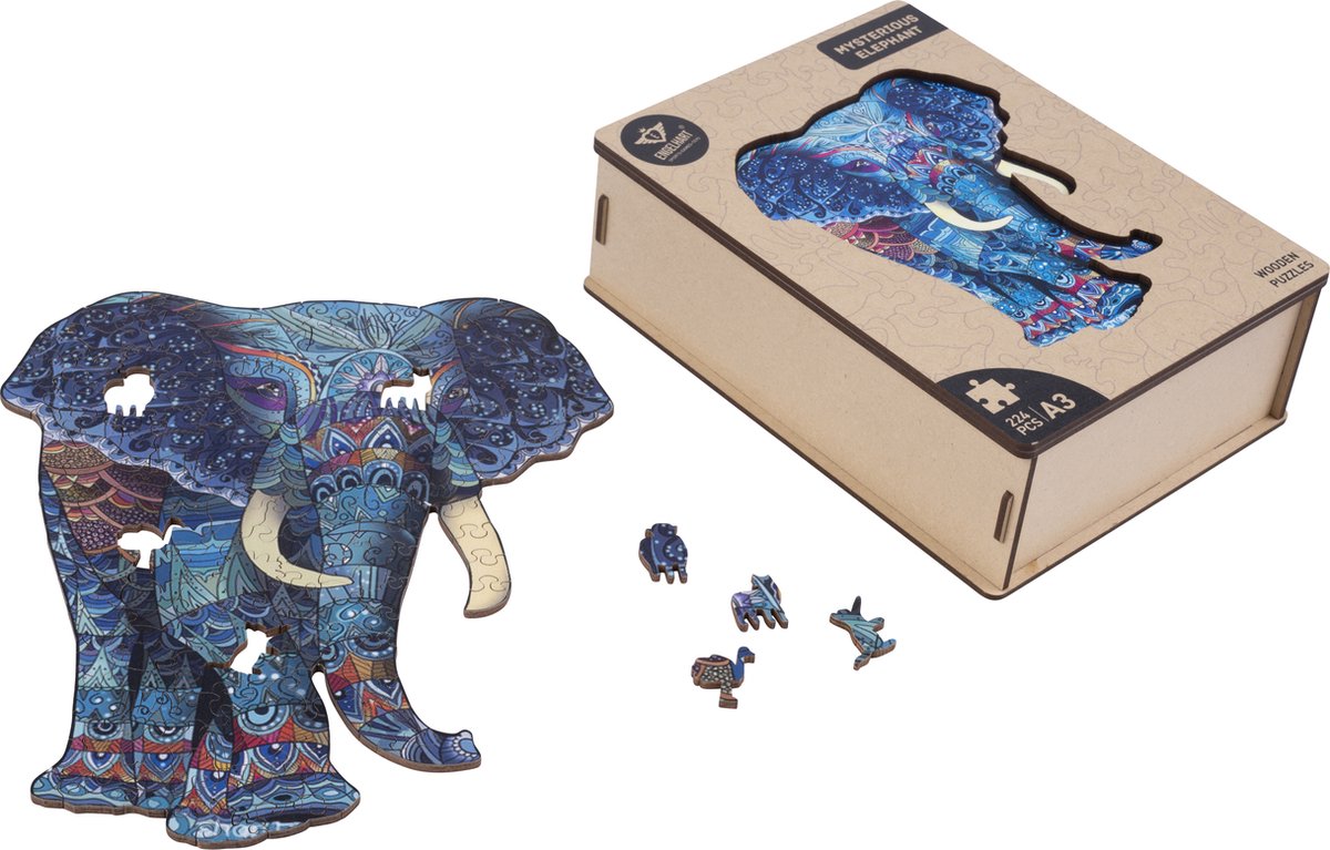 Houten Puzzel Olifant – 244 Unieke Puzzelstukjes – A3 Formaat Grote Houten Legpuzzel – Dieren Puzzelspel – Uitdagend Denkspel – Inclusief Opbergetui – Engelhart — afbeelding 2