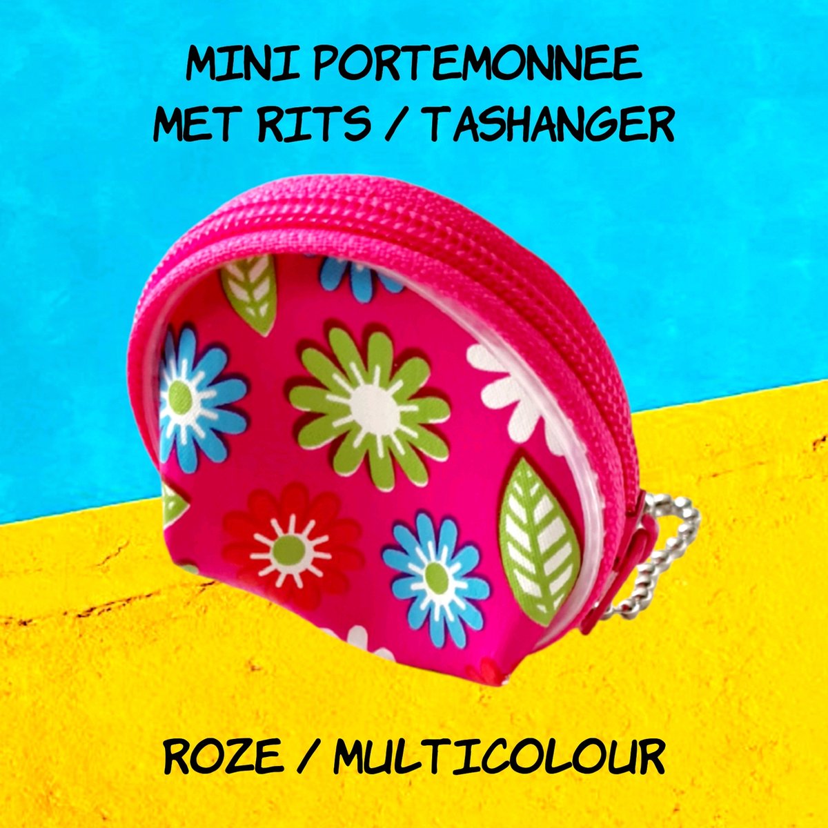 Going Retro® - Ronde mini muntgeld portemonnee / earplug opbergtasje - bloemen - basis roze / multicolour madeliefje daisy - 4,5 cm - Sleutelhanger Tashanger - kinderen jeugd volwassenen - meisjes dames - casual feest verjaardag