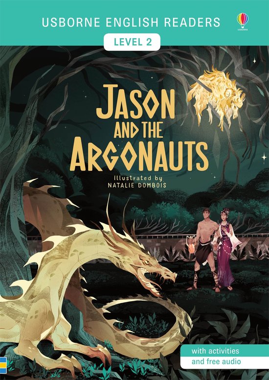 Boekomslag van 'Jason en de Argonauten' Level 2. Met een gele draak en twee mensen in een bos.