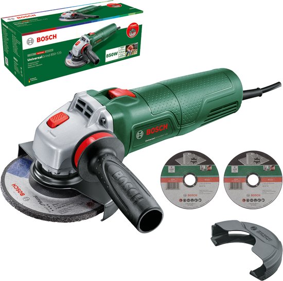 Bosch UniversalGrind 850-125 - Haakse Slijper - Inclusief Vibration Control Handgreep - Beschermkap - Clip-on Beschermkap - Slijpschijf - 2x doorslijpschijf