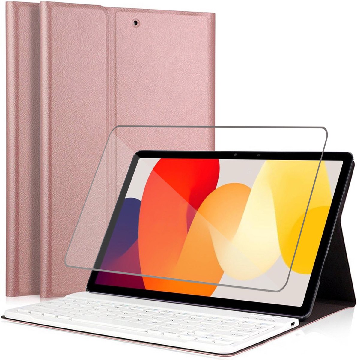 Hoes met toetsenbord geschikt voor Xiaomi Redmi Pad SE - Screen Protector GlassGuard - Keyboard Book Case Cover Hoesje Rose & Screenprotector op Prijzenvolger.com