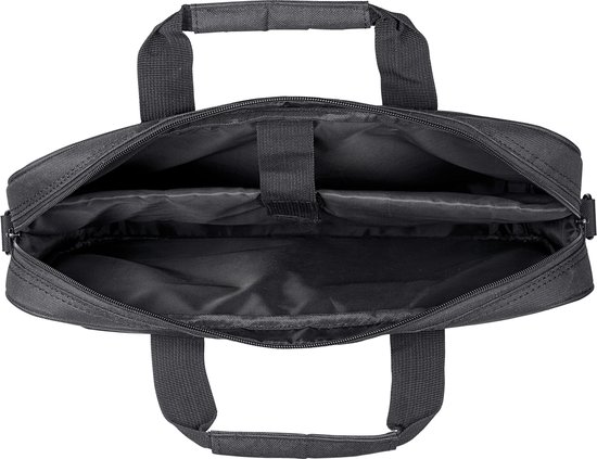 Open zwarte laptoptas met twee compartimenten en handvatten.