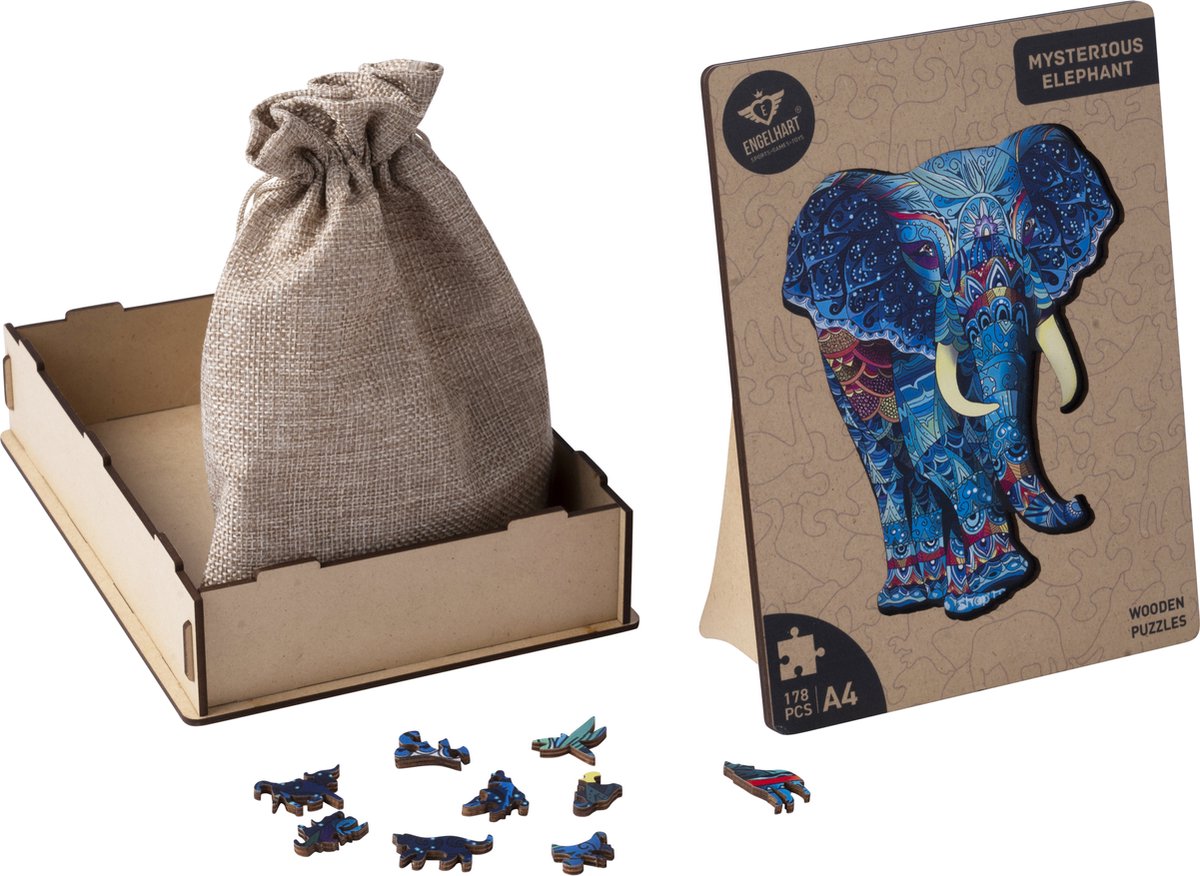 Houten Puzzel Olifant – 178 Unieke Puzzelstukjes – A4 Formaat Houten Legpuzzel – Dieren Puzzelspel – Uitdagend Denkspel – Inclusief Opbergetui – Engelhart — afbeelding 12
