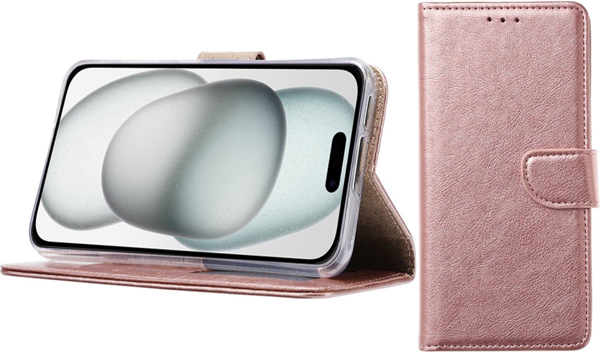 BixB Hoesje Geschikt voor iPhone 15 – portemonnee bookcase met pasjeshouder - Rosegoud