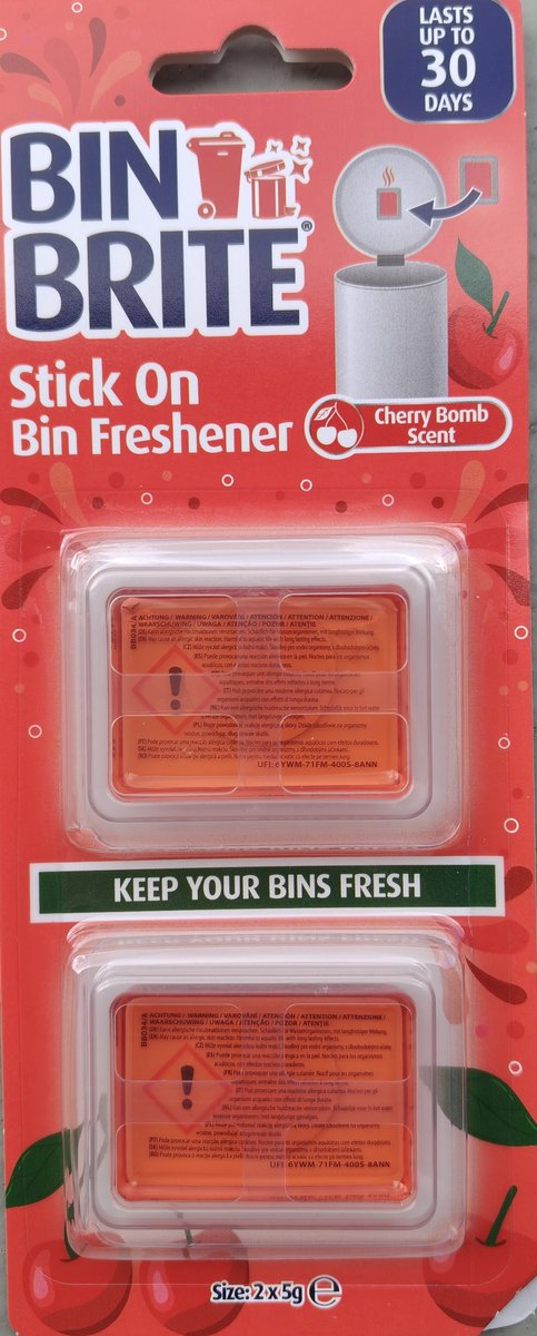 Bin Brite Stick-On Vuilnisbak Verfrisser – Luchtverfrisser voor Prullenbak – Cherry Bomb Geur – 2 Stuks – Tot 30 Dagen Frisse Geur – Geurverdrijver