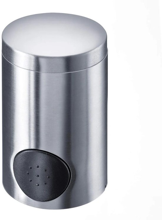Zilverkleurige zoetjesdispenser van roestvrij staal, met een zwart drukknopje met gaatjes.