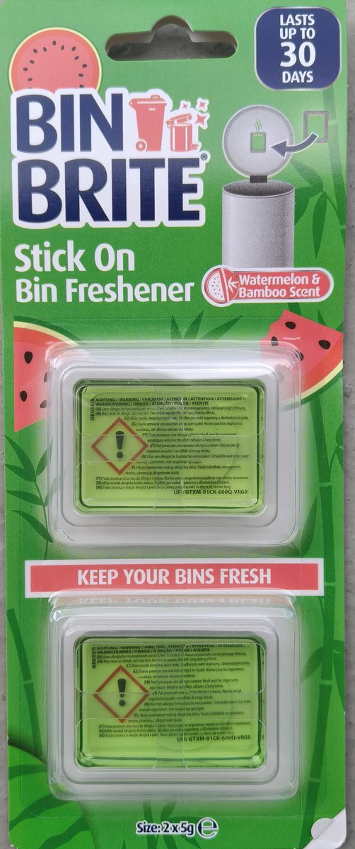 Bin Brite Stick-On Vuilnisbak Verfrisser – Luchtverfrisser voor Prullenbak – Watermelon & Bamboo Geur – 2 Stuks – Tot 30 Dagen Frisse Geur – Geurverdrijver