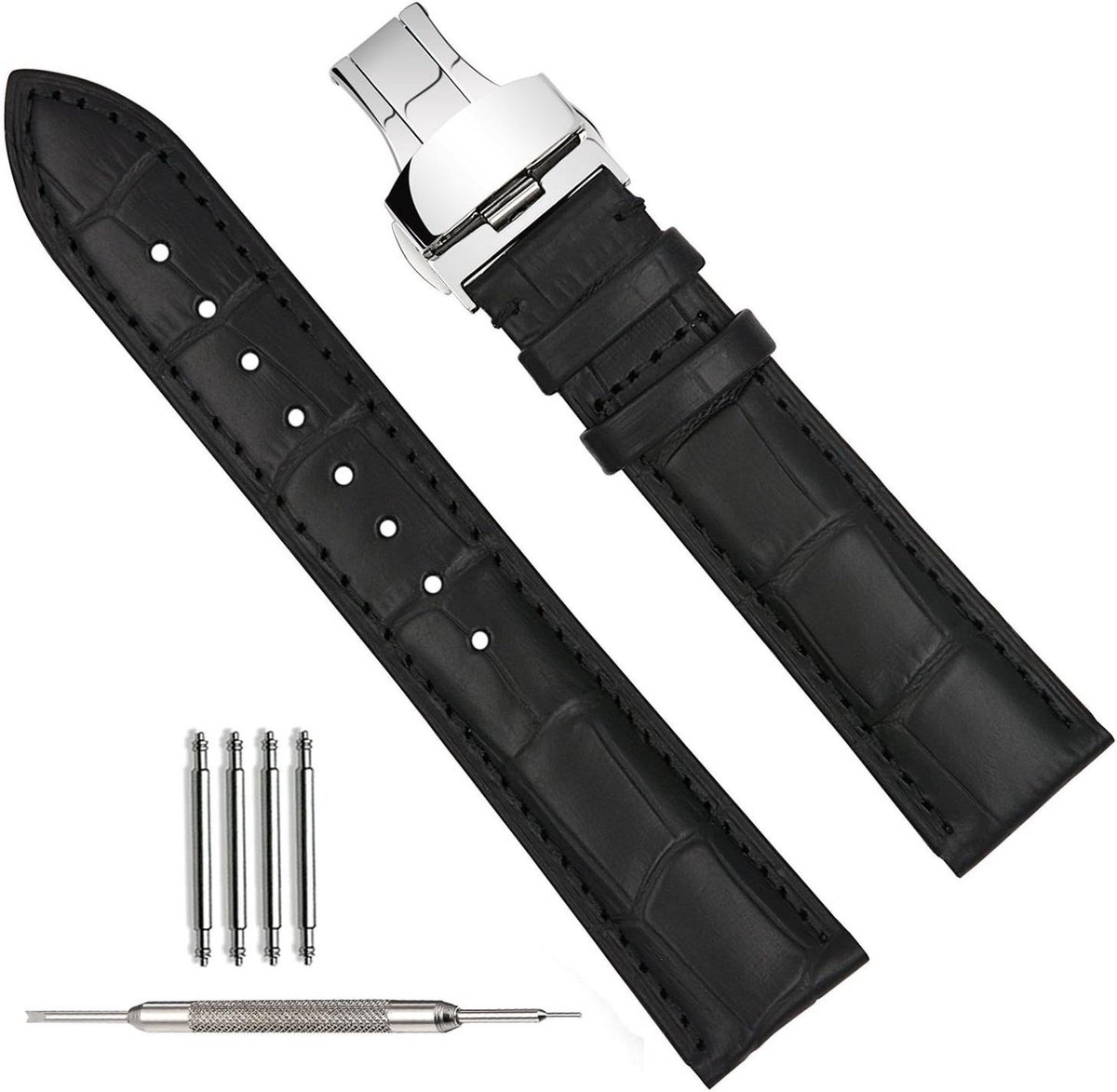 Orivio - Leren horlogebandje 20mm in zwart, geschikt voor roestvrijstalen vouwsluiting - in zwart en bruin - beschikbaar in verschillende breedtes (18mm, 19mm, 20mm, 21mm, 22mm)
