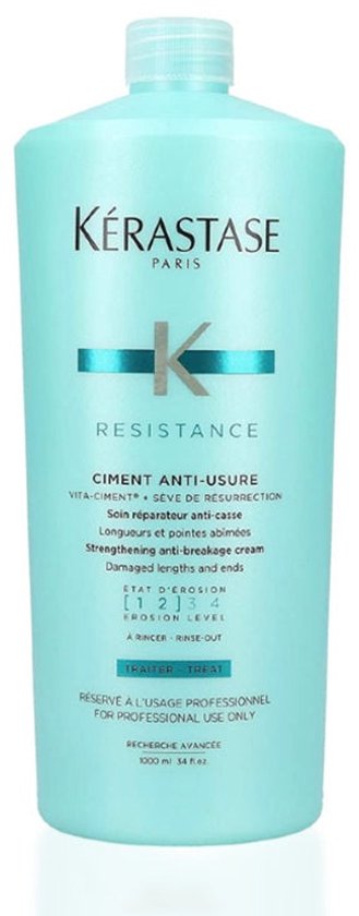 Grande bouteille Kérastase Resistance Ciment Anti-Usure, bleu sarcelle, avec un bouchon blanc.