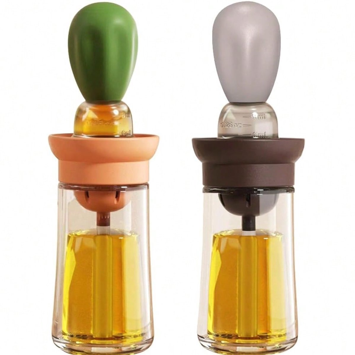 2 in 1 Oliefles Dispenser - Met Siliconen Applicator Borstel - Met Persende Olie-opname en Uitsmeerfunctie - Oliefles met Flexibele Keuken-kwast - Voor Bakken BBQ Basting Salad Olijfolie -180ml - Bruin+Groen Oranje