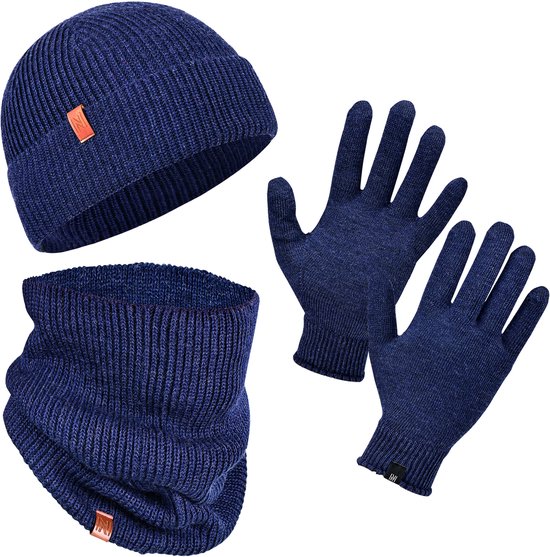 Ensemble d'hiver Norfolk - Set 70 % laine mérinos, Gants et cache-cou - Tricot Premium , chaud et doux - Coffret cadeau - L/XL - Blauw