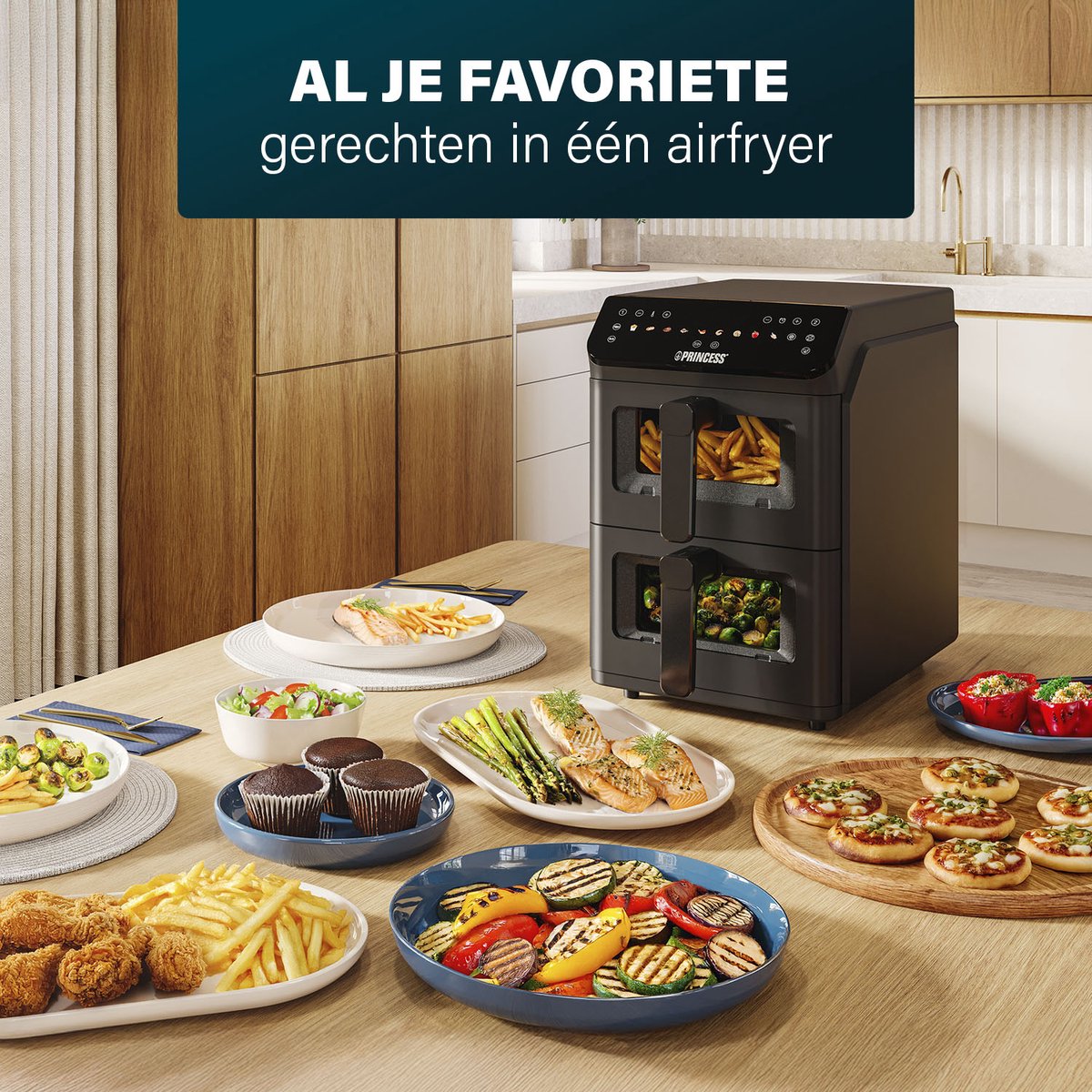 Afbeelding 3 van Heteluchtfriteuse - 182490 - 3000W - Stack Airfryer 11,2L - 11 Bakprogramma's - PFAS-Vrij - Dubbele gestapelde lades - Dubbele Airfryer