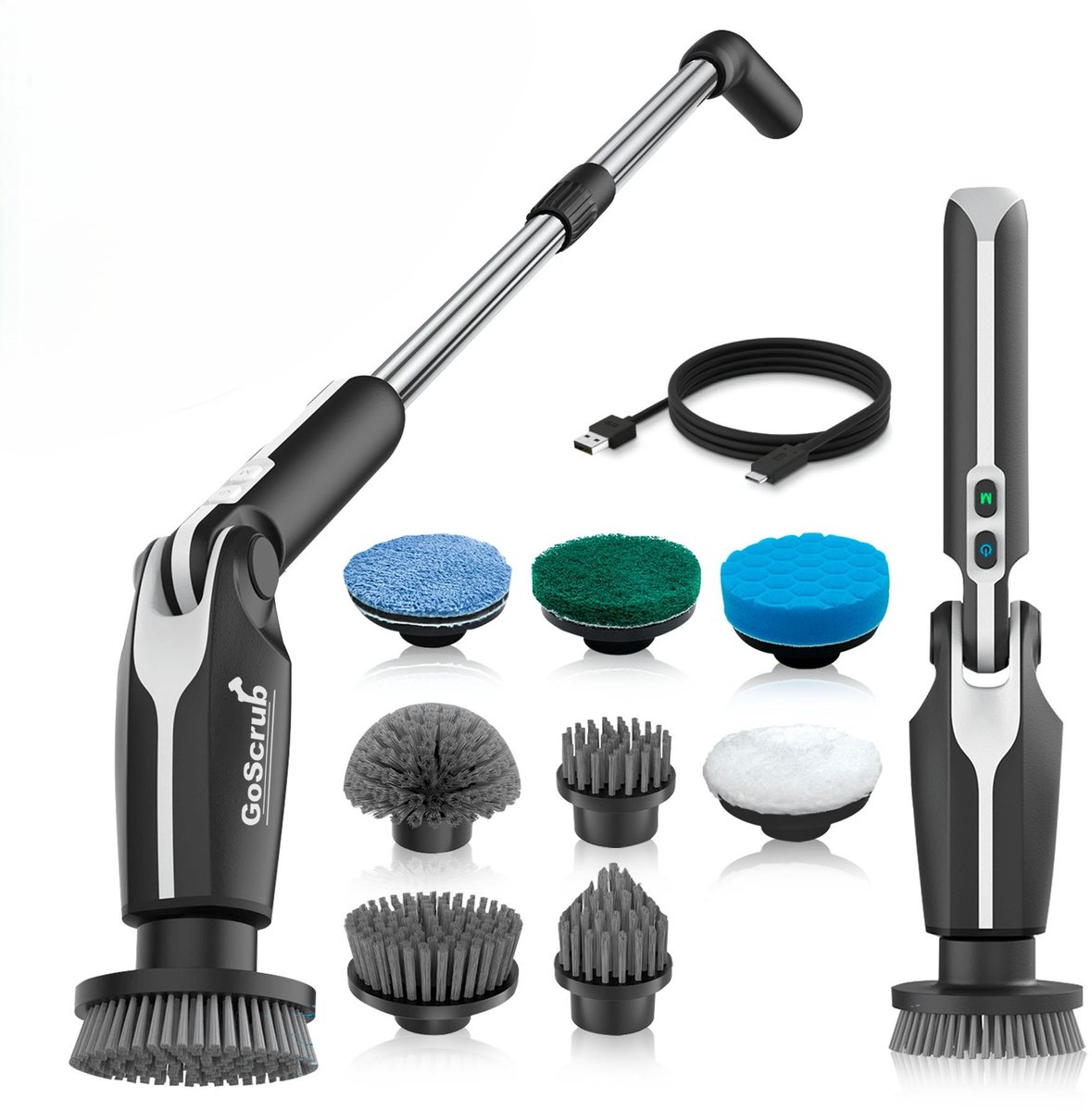 GoScrub® Elektrische Schoonmaakborstel – Cleaning Hero V1 – Zwart - Schrobber Met Steel – Poetsmachine – Schrobborstel – Voor Badkamer en Keuken – 8 Opzetstukken