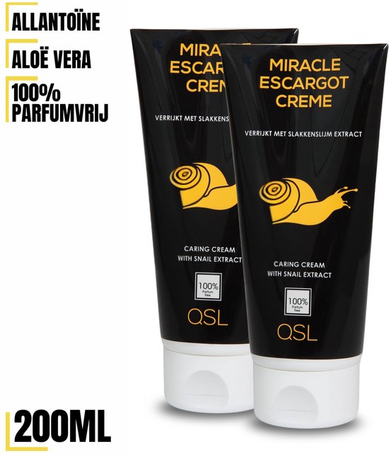 Twee tubes Miracle Escargot Crème met gele slakken, met de tekst "ALLANTOÏNE ALOË VERA 100% PARFUMVRIJ 200ML".