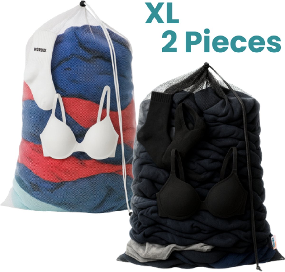 NORDIX Waszak Groot XL - 60x90CM - Waszakken - 2 Stuks - Laundry Bag - Wasnet - Waszakje - Treksysteem - Trekbandsluiting - Polyester - Schoenenzak - BLACK & WHITE