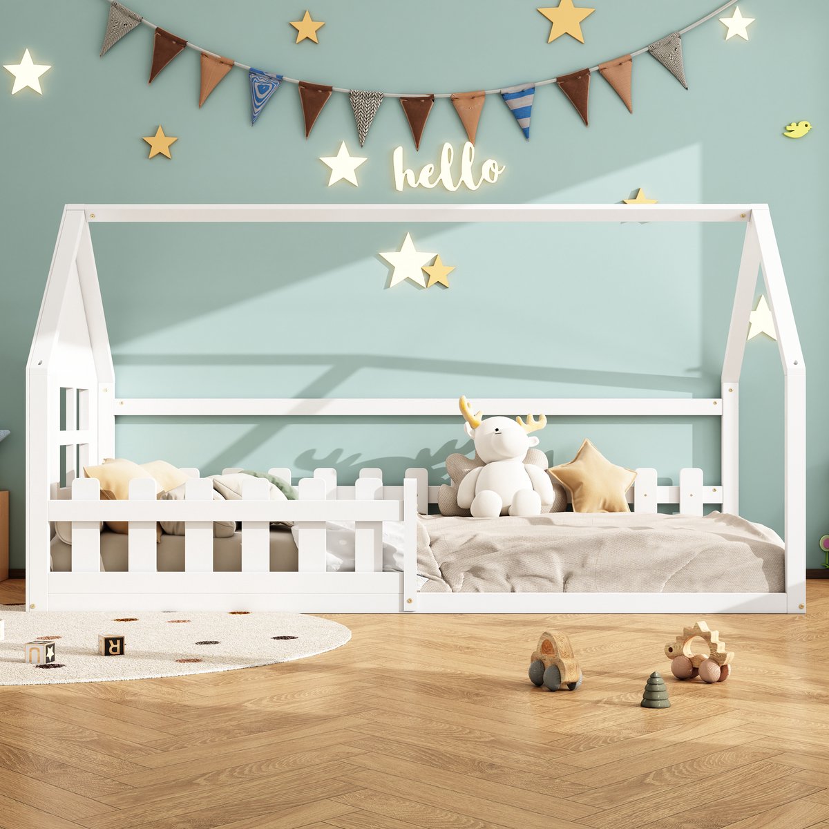 Merax 90x200 cm vlak bed - eenpersoonsbed - kinderbed - bedhek - wit - zonder matras