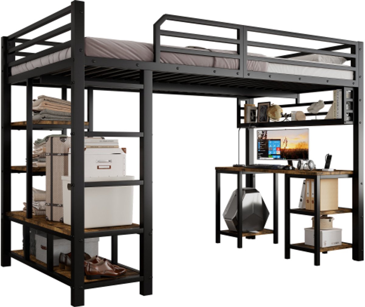 IJzeren bed, 120 x 200 cm hoogslaper, met bureau en legplank, stabiele